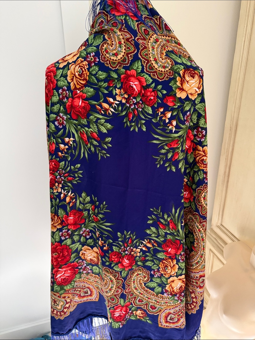 Blue Floral Fringe Shawl Scarf - Women Accessories